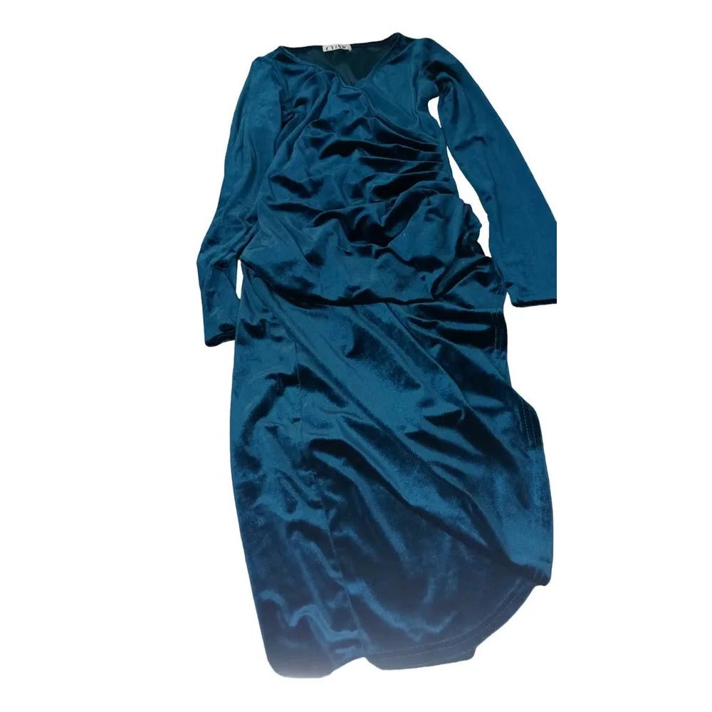 CYiNu V-Neck Wrap Velvet L/S Elegant Bodycon Ruched Maxi Dress, Peacock Blue, SM