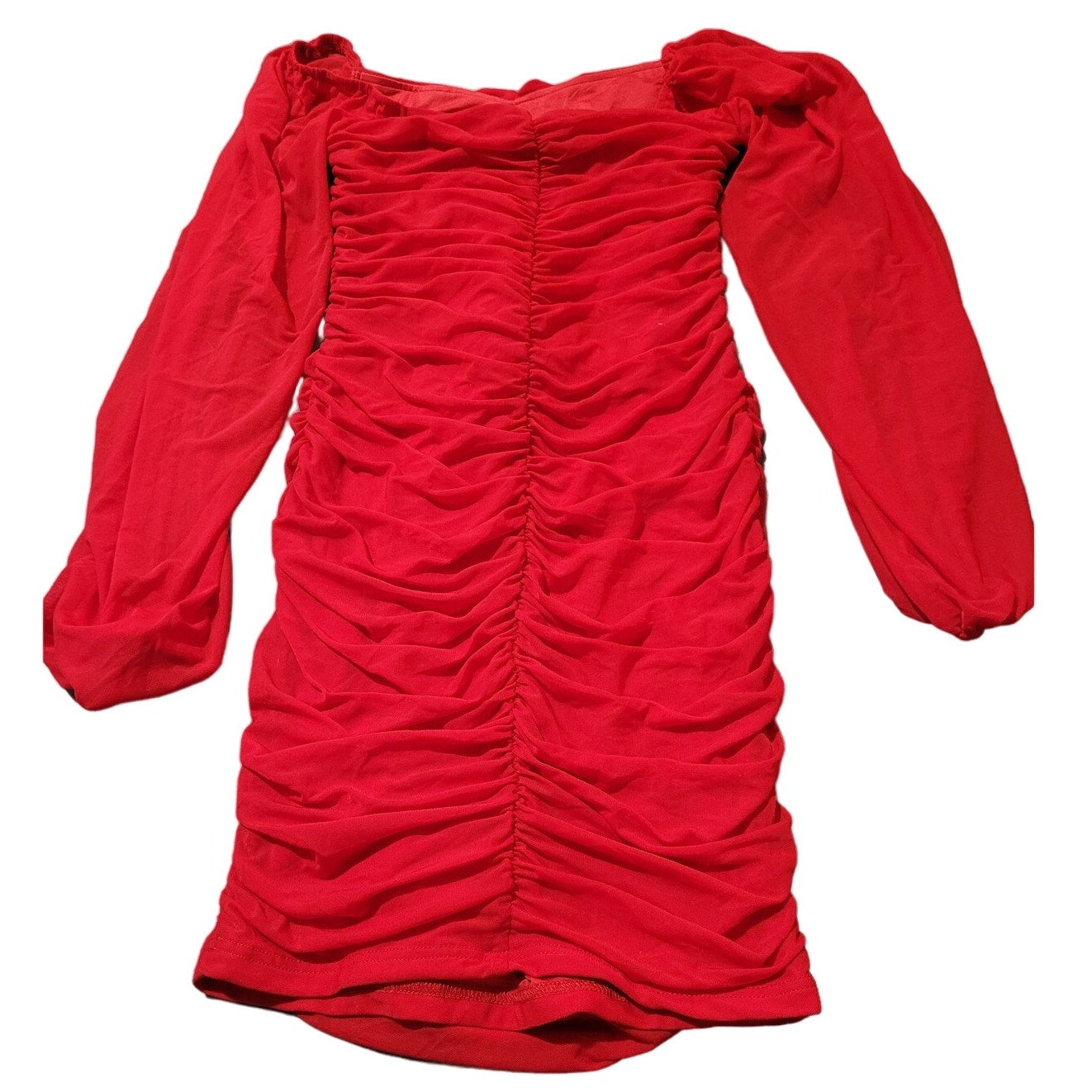 ANRABESS Sexy V-Neck Ruched Bodycon Mini Dress Puff Long Sleeve, S (4-6)