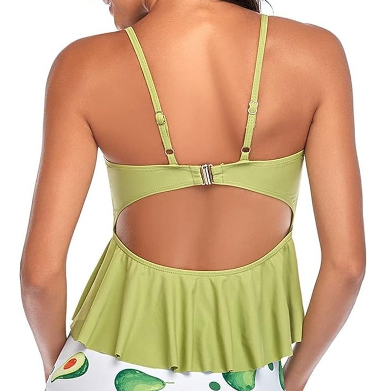 Ruched Tankini Swim Top, Size S (4) Light Green Ruffled Hem Spaghetti Straps