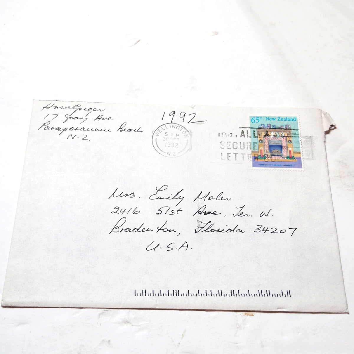 1992 New Zealand 65c Christmas Stamp Cover Wellington NZ Postmark to USA