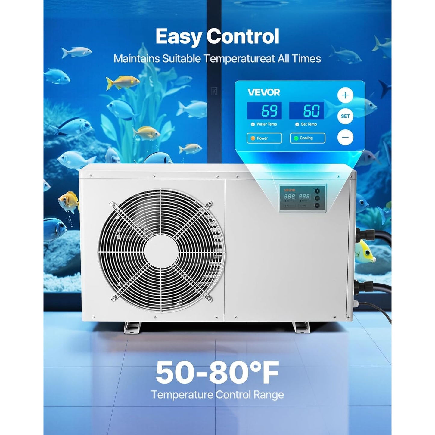 VEVOR Aquarium Chiller – 1.5 HP – 500 Gal – Titanium Evaporator – Gray