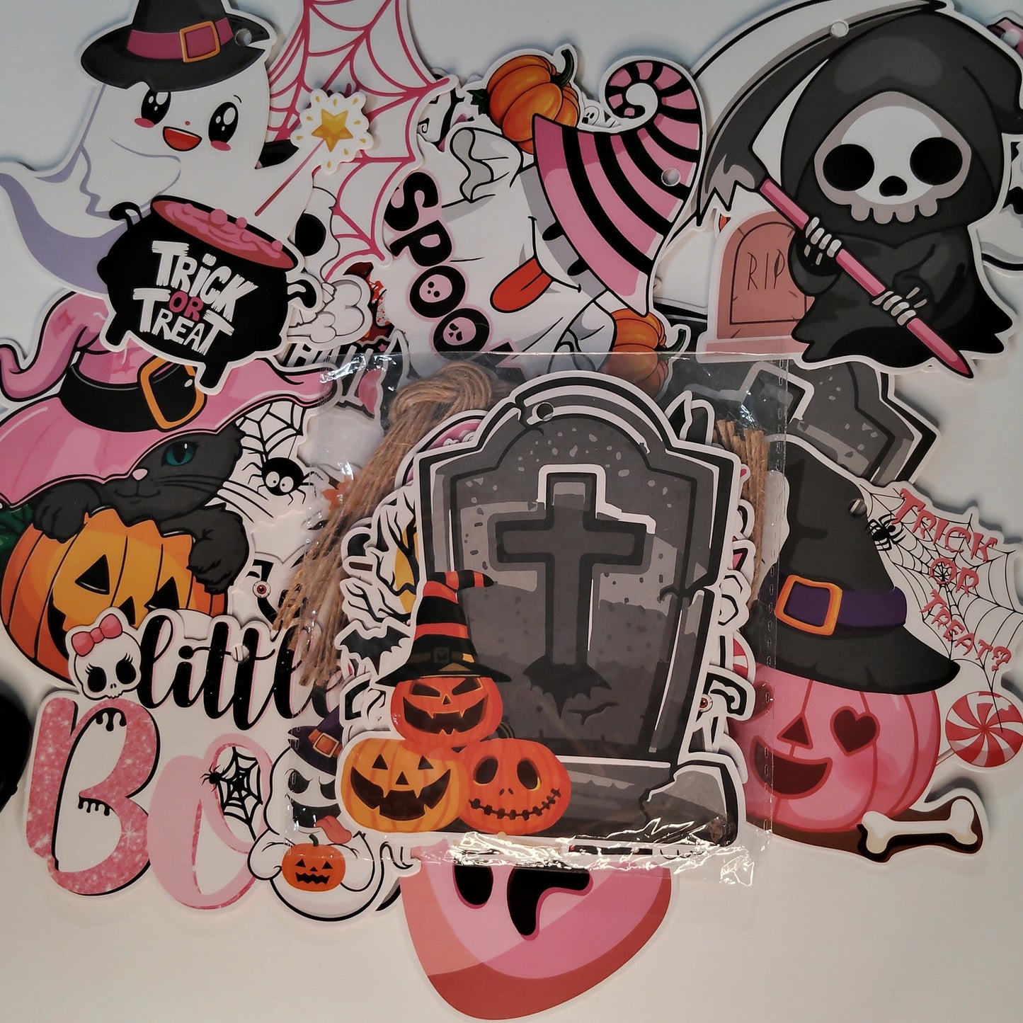 Halloween Hanging Décor 2‑Pack – Tombstone & Character Cutouts with Twine – NIP