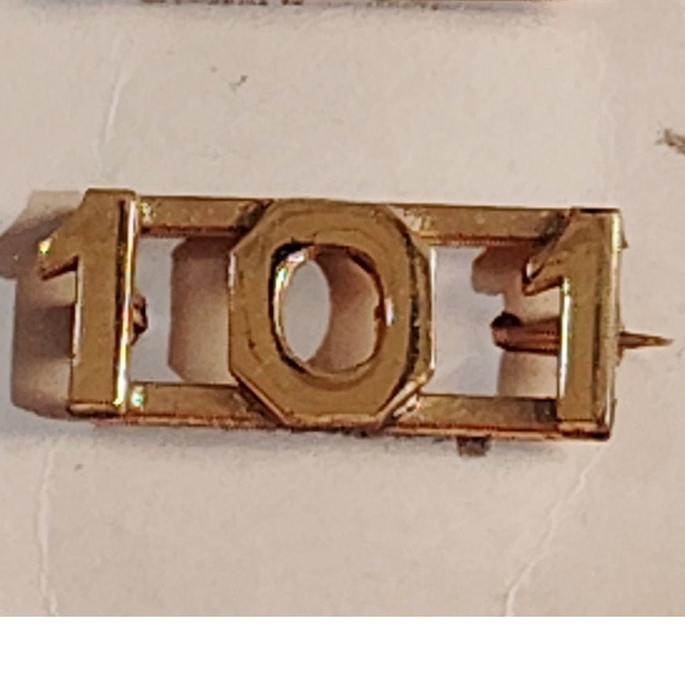 Early/Mid 1900s Brass C-Clasp "101" Collar Devices 3/8"H Hat / Lapel Pins Set
