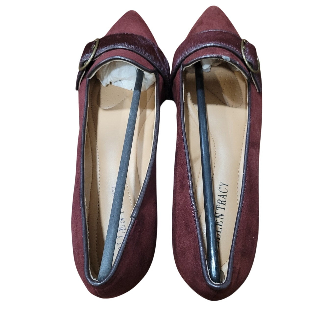 Ellen Tracy Women’s Burgundy Pointed-Toe Flat – ET-FIG, Buckle Detail, Size 8