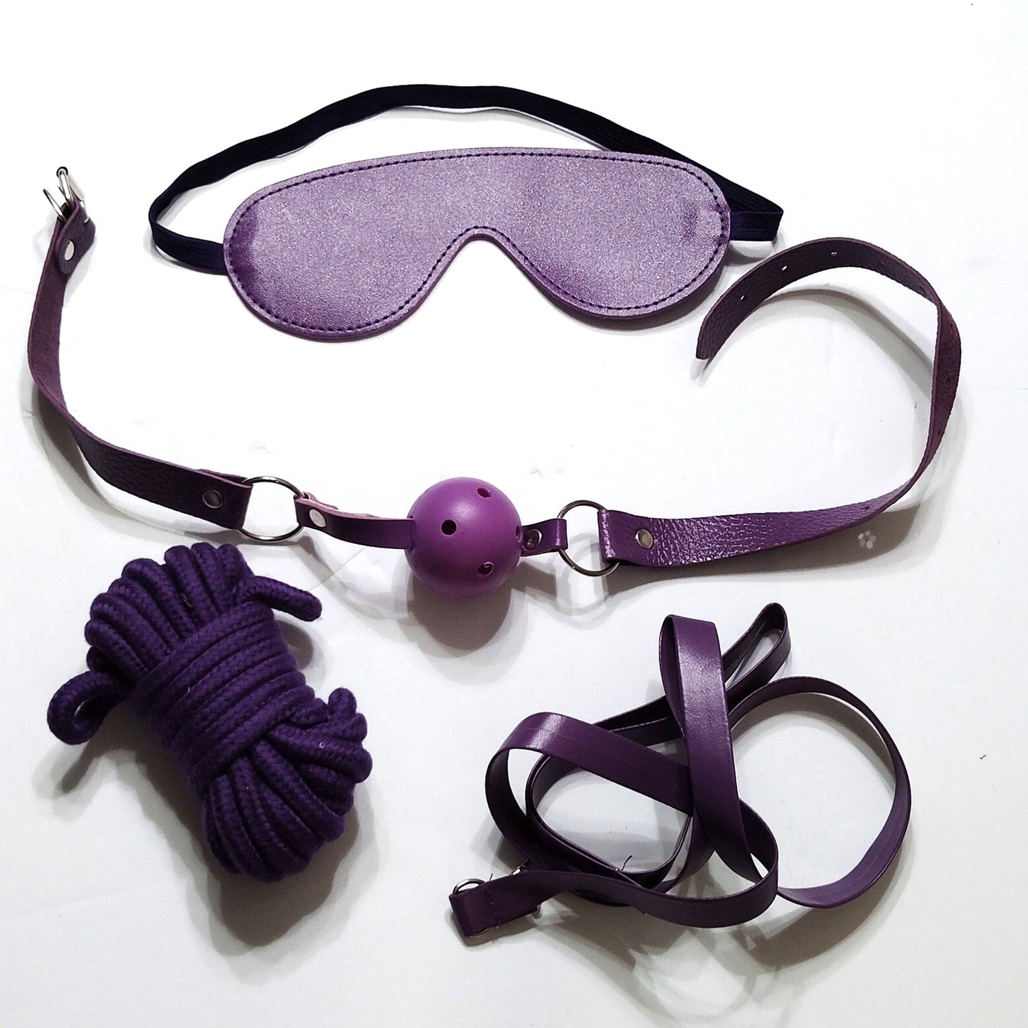 Purple Cosplay Accessory Set Hand Cuffs Leg Cuffs Mask Collar Leash Flogger Rope