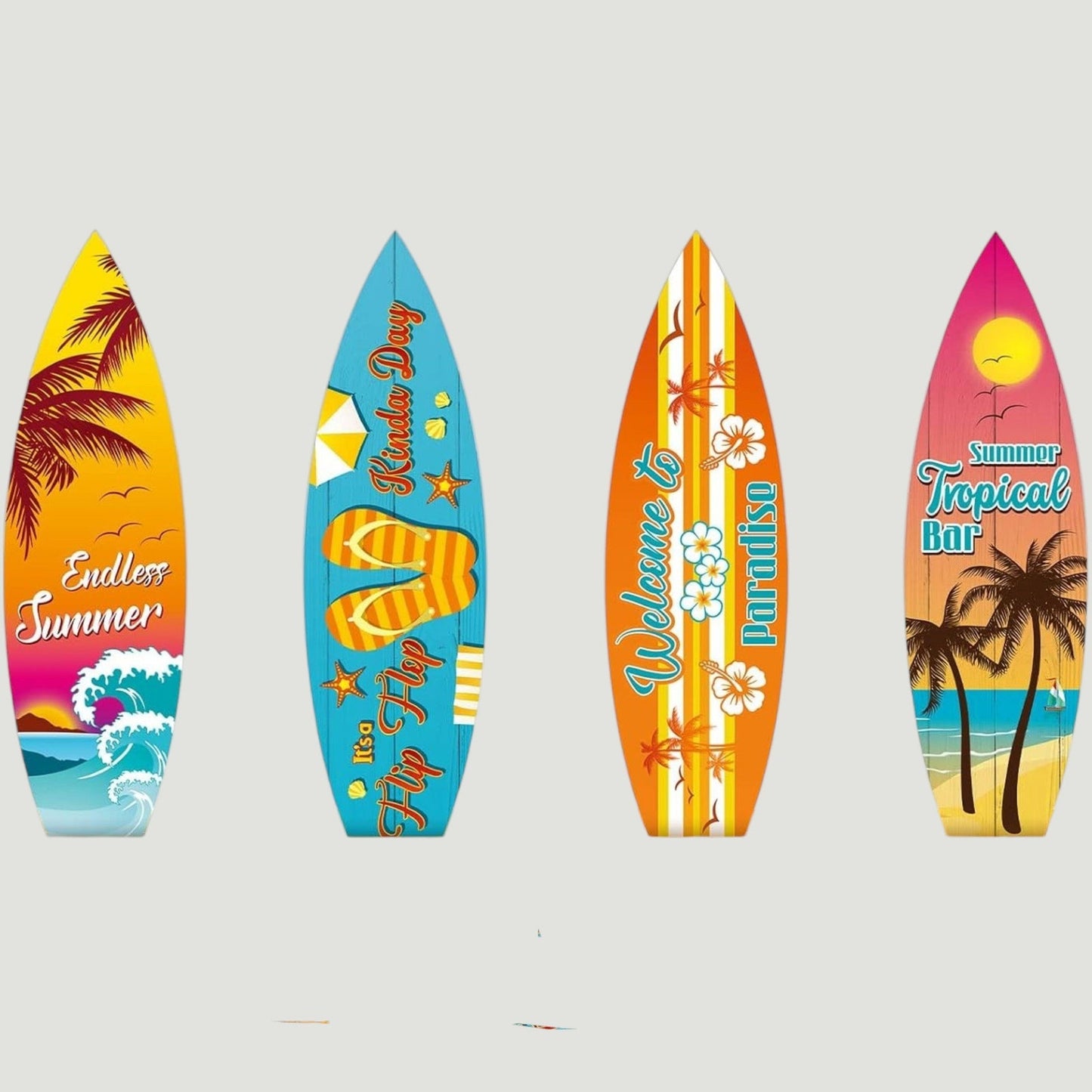 Surfboard Wall Decor Set 4‑Pack Summer Beach Signs Hanging Wood 15-3/4" × 4-1/2"