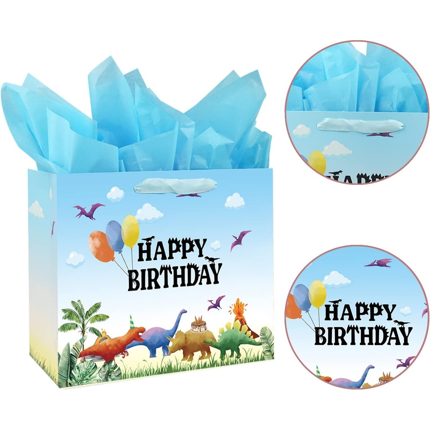 Large 13" Dinosaur Birthday Gift Bag w/ Card & Tissue – Watercolor Design
