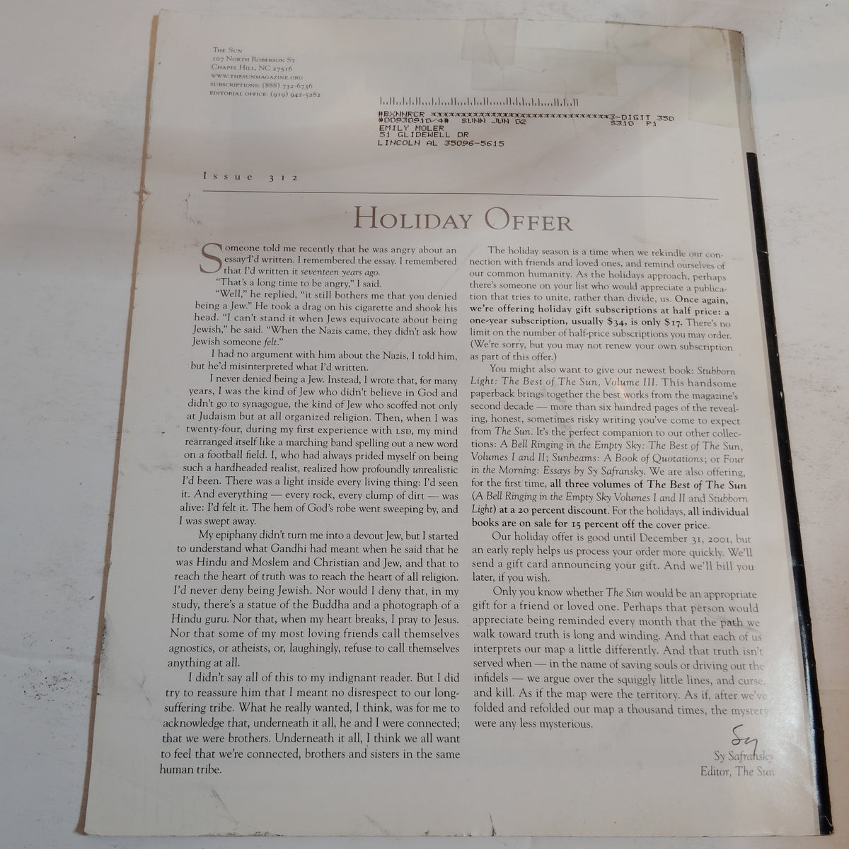The Sun Magazine - December 2001, Issue 312 - Vintage Literary Journal