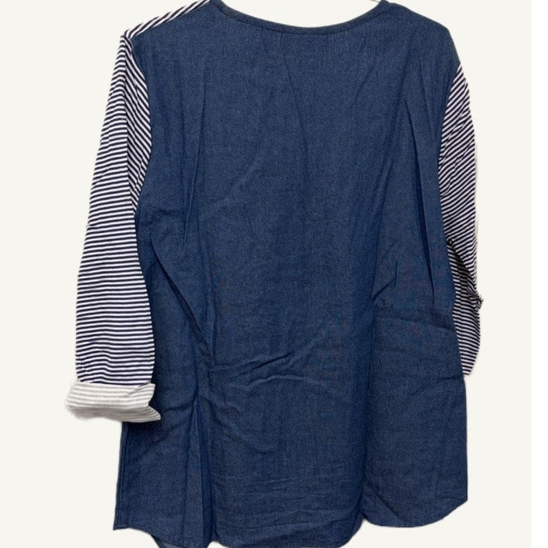 Country Store XL Denim Striped Henley Tunic Top - Blue & White Casual