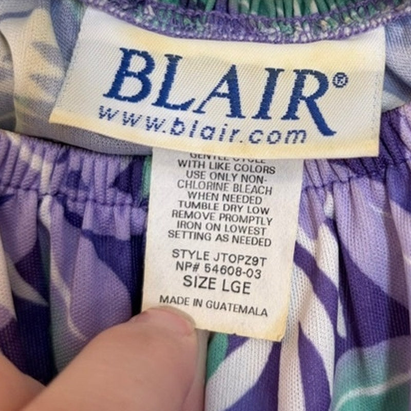 Blair Women's Floral Print Gathered Neck Top Purple Teal Size L Polyester