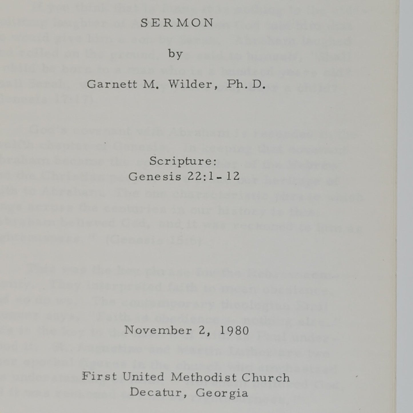 7 Sermon Programs – Garnett M. Wilder, Ph.D. – First United Methodist Church, Decatur GA – 1980–1981