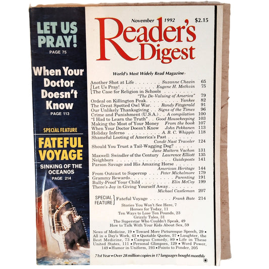 Reader's Digest Magazine November 1992 Back Issue 71st Year, Parson Savage Horse