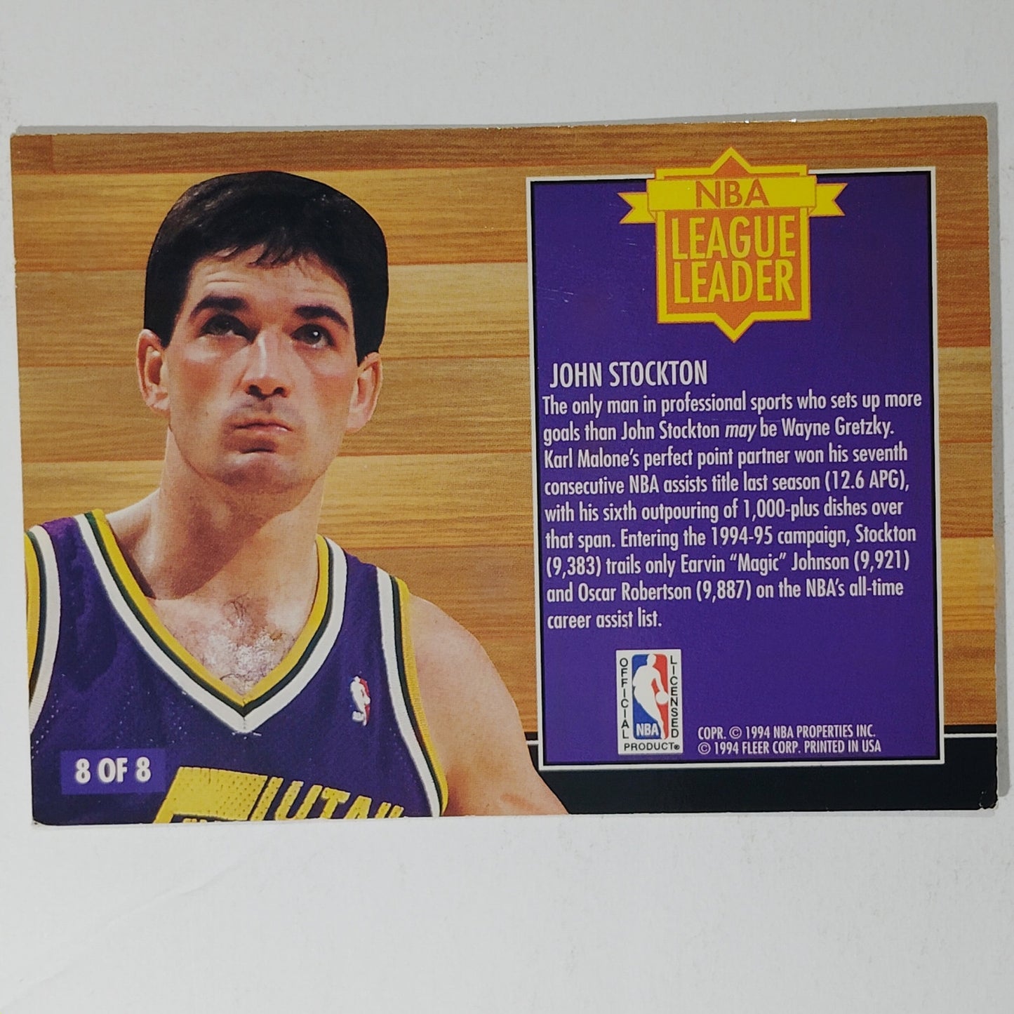 1994-95 Fleer John Stockton No. 8 – League Leader – Jazz – Guard – VG/EX