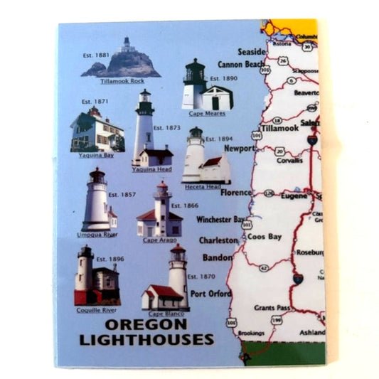 Oregon Lighthouses Fridge Magnet Coastal Map & Lighthouse Illustrations 3.25x2.5