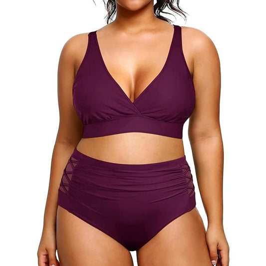 Yonique Plus Size Bikini High Waisted Two Piece Tummy Control Purple 12 Plus