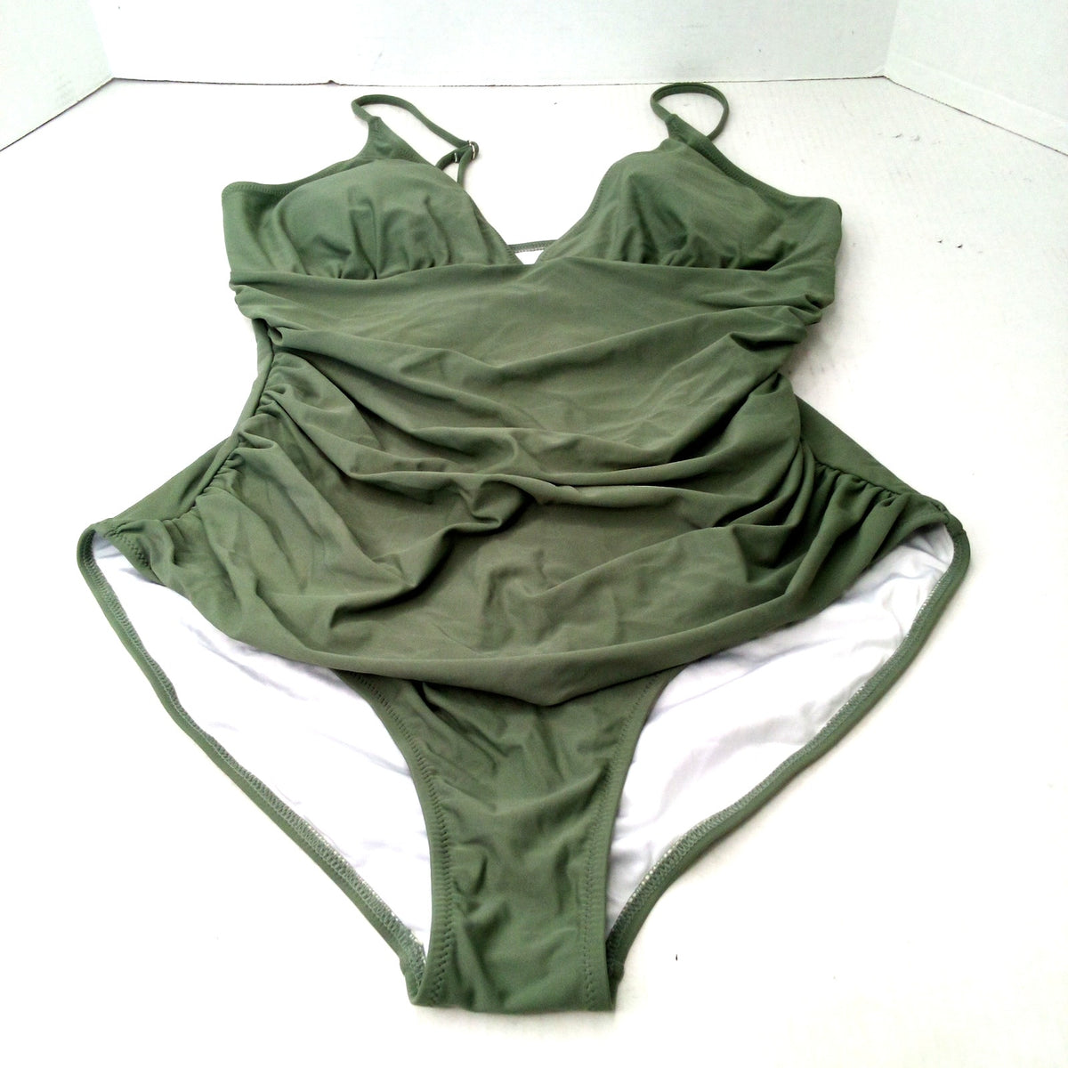 Olive Green Ruched One-Piece Swimsuit XL V-Neck Adjustable Straps Lined