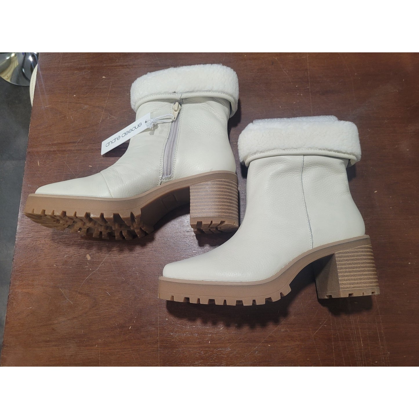 André Assous Milana Bootie, Linen, Womens 5.5, Fold-Down Shearling Lined Leather