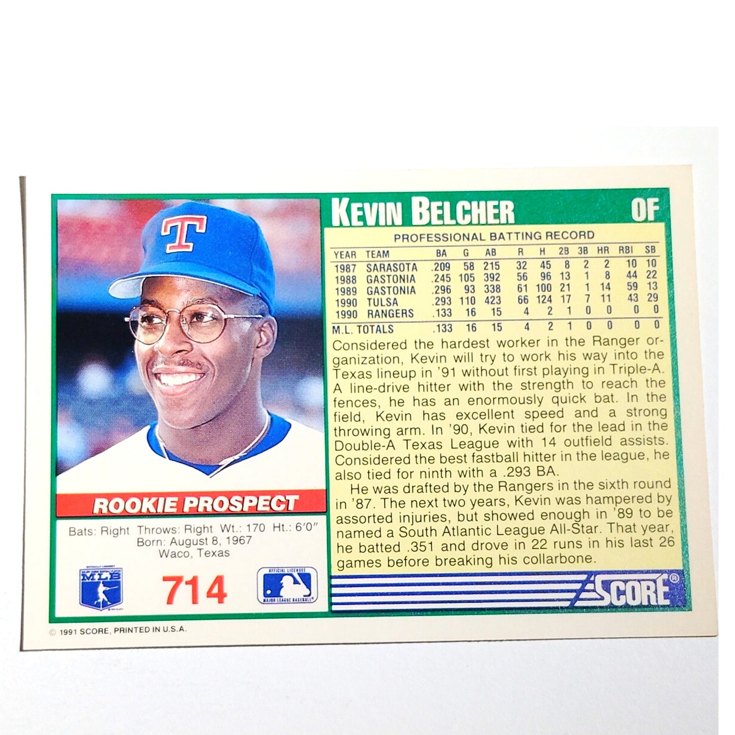 1991 Score Kevin Belcher #714 Texas Rangers Outfielder Rookie Prospect Card NM