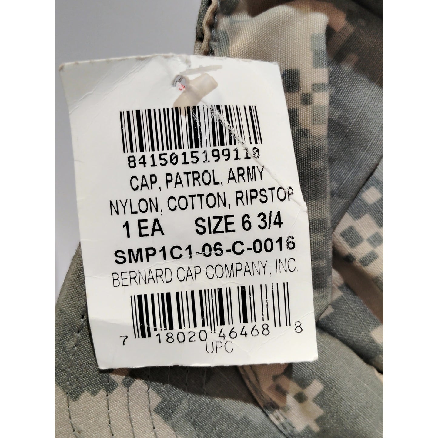 Digital ACU Camo Patrol Cap Size 6-3/4, Ripstop, Nylon/Cotton, Bernard Cap Co.
