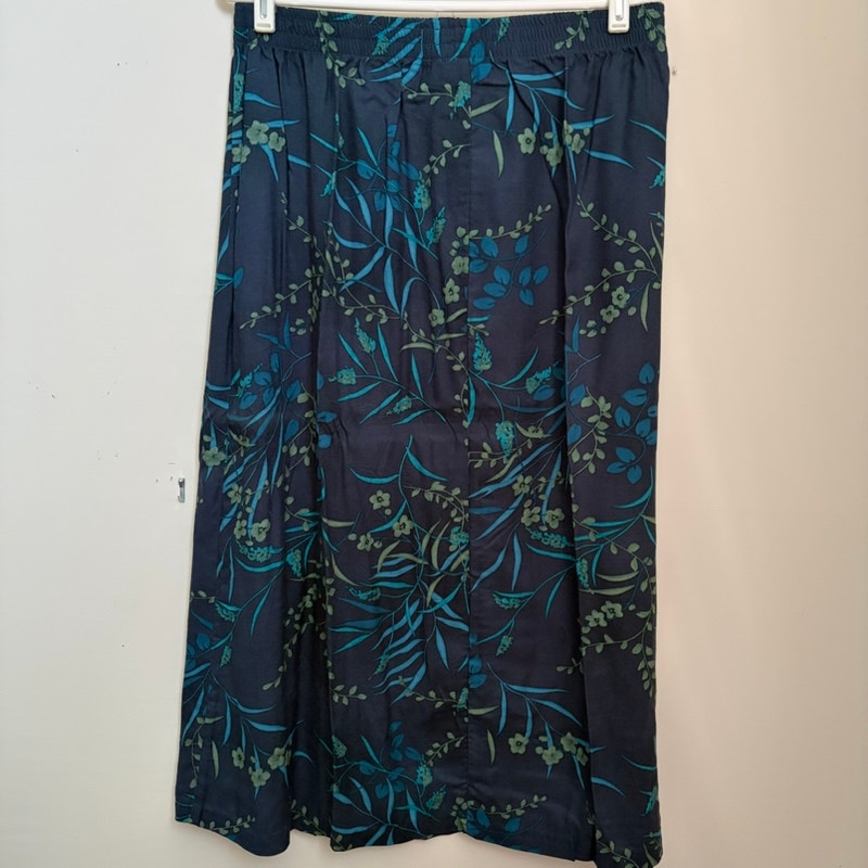 Two Twenty L Navy Blue Green Botanical Maxi Skirt Elastic Waist Vintage Style
