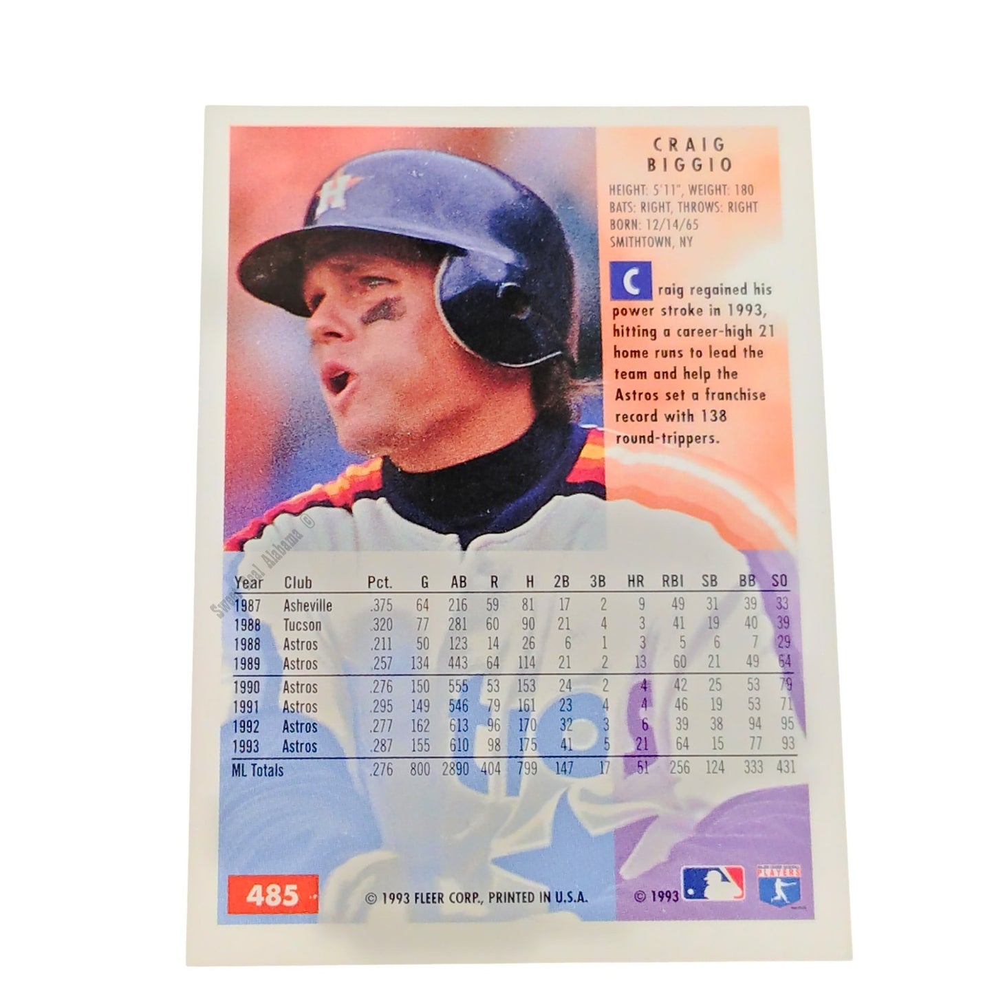 Craig Biggio, Houston Astros, #485, 1994 Fleer Baseball Collector's Card