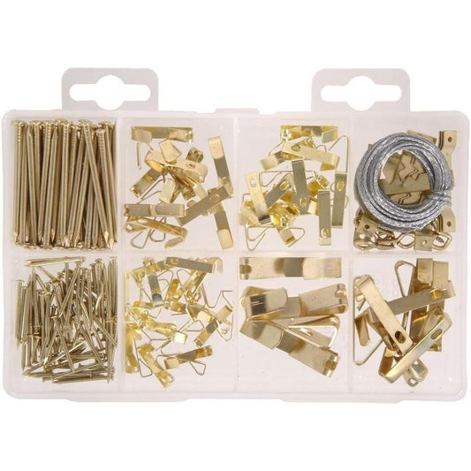 Picture Hanging Kit (217-Piece) – Brass Finish, Assorted Weights, Reusable Case