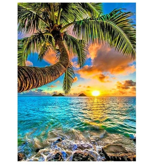 5D Diamond Kit- Sundown over Bay w/ Hanging Coconut Tree, 11.8" x 15.75" #R498-2