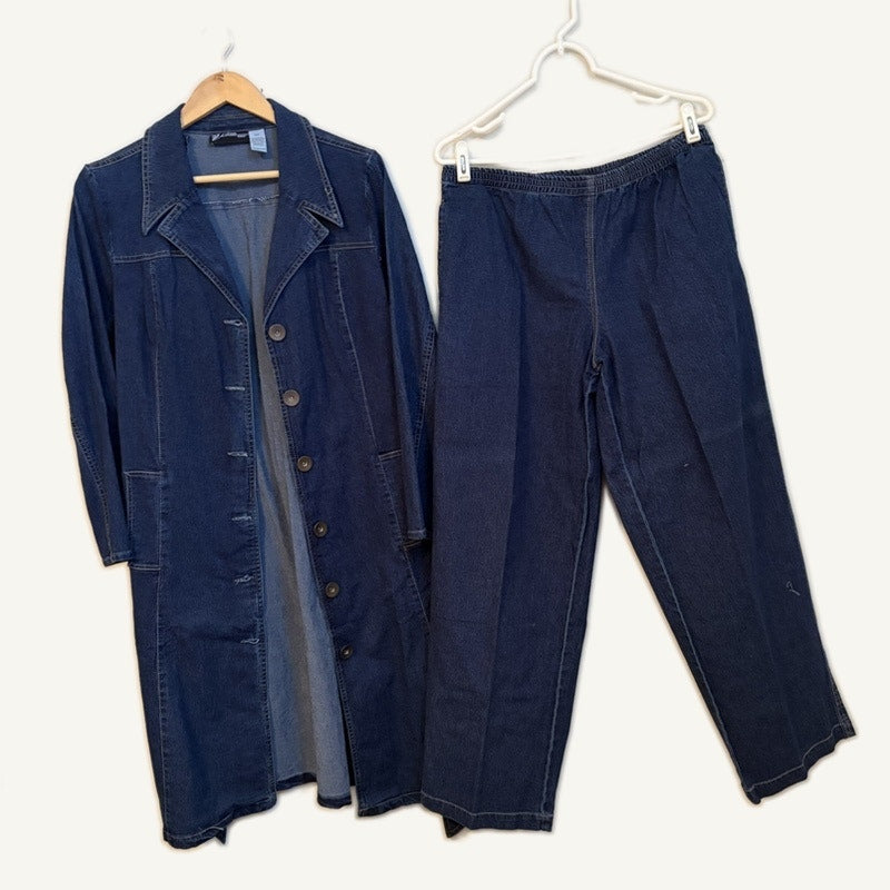Venezia Woman 14W Blue Denim Trench Coat & Elastic Waist Pants 2-Piece Set