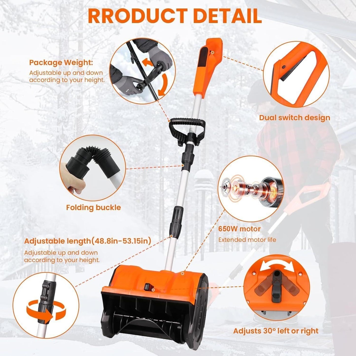 Cordless Snow Shovel 48V 600W with 2 Batteries – 12" Clearing Width