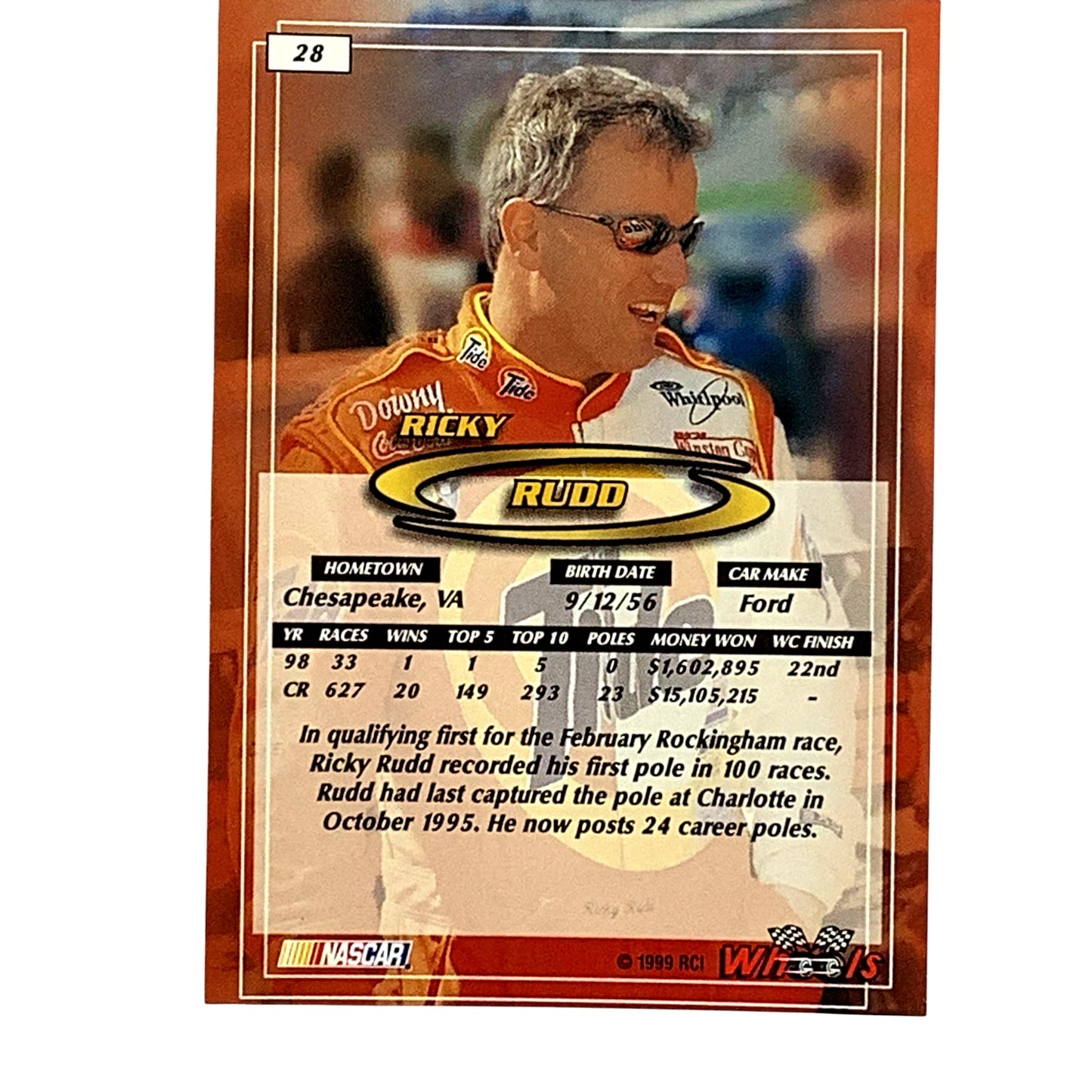 Ricky Rudd, Sponsor: Tide, Card 28, 1999 Wheels NASCAR Winston Cup, NM+