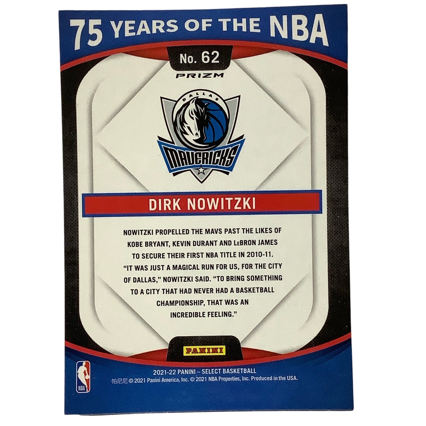 75 Years of the NBA, Dirk Nowitzki, Prizm Card #62, 2021-22 NBA Panini Select