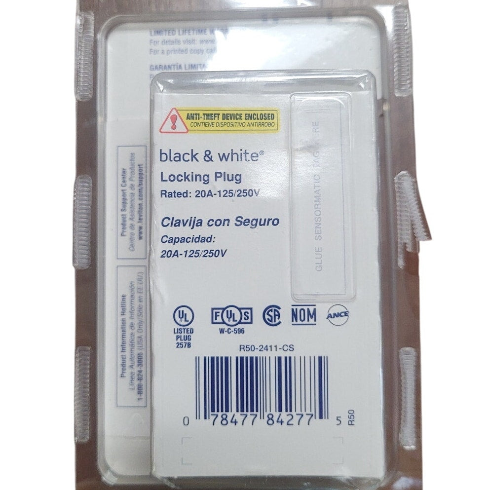 2-PK Leviton 20 Amp 125/250-Volt Locking Plug, Black and White 2411-CS