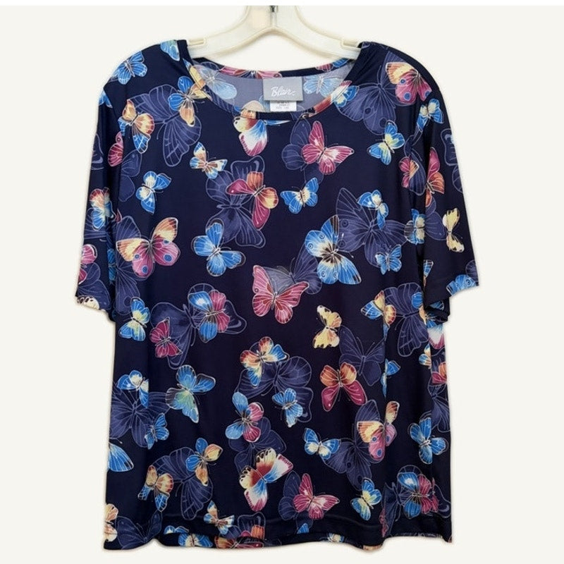 Blair Women's L Navy Butterfly Top & Snap Button Jacket 2-Piece Set