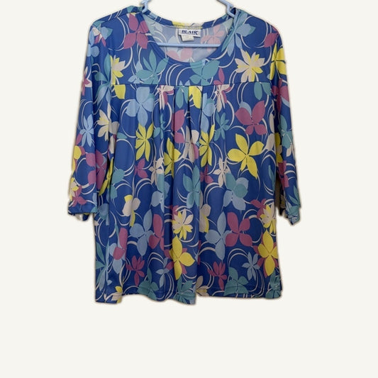 Blair Women's Floral Print 3/4 Sleeve Top Blue Multicolor Size L Scoop Neck