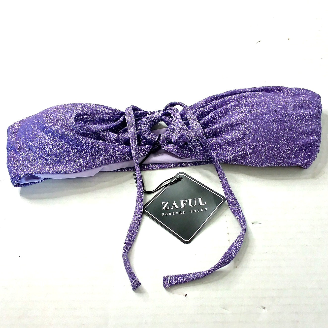 ZAFUL Cinched Tie Side Metallic Glitter Sparkle Bandeau Bikini Swimwear - S (4)