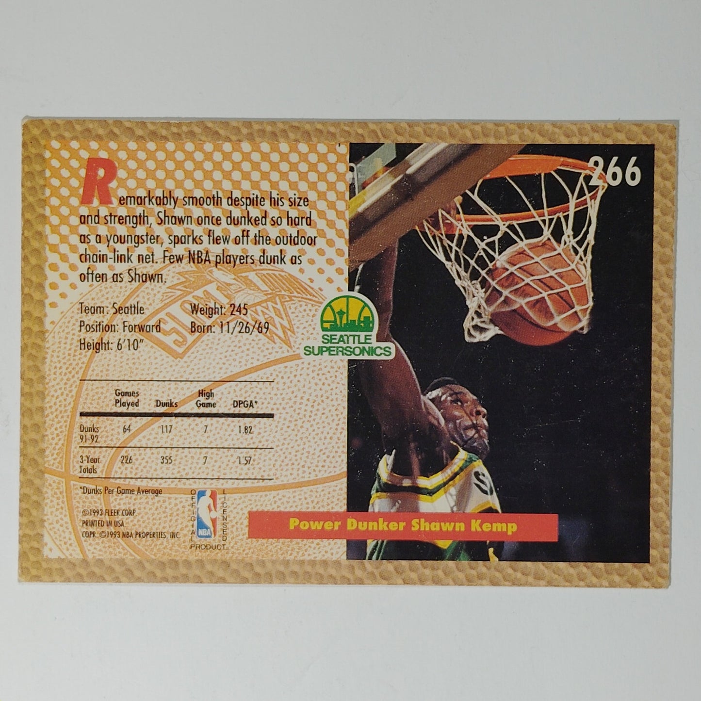 1992-93 Fleer Shawn Kemp #266 Seattle SuperSonics Slam Dunk Hall of Fame Player
