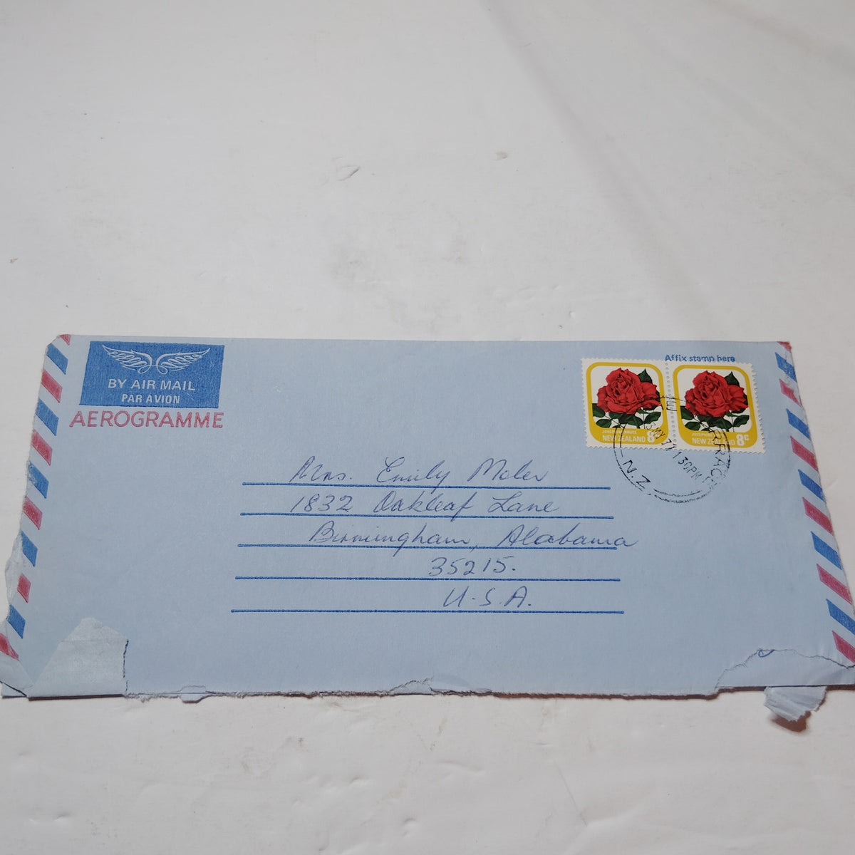 1977 New Zealand Aerogramme Cover w/ Letter & 8c Rose Stamps Air Mail
