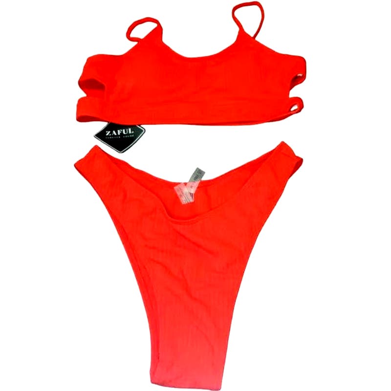 ZAFUL Cutout Bikini Scoop Neck Ribbed High Cut Bikini Sets Two Piece Red, M (6)