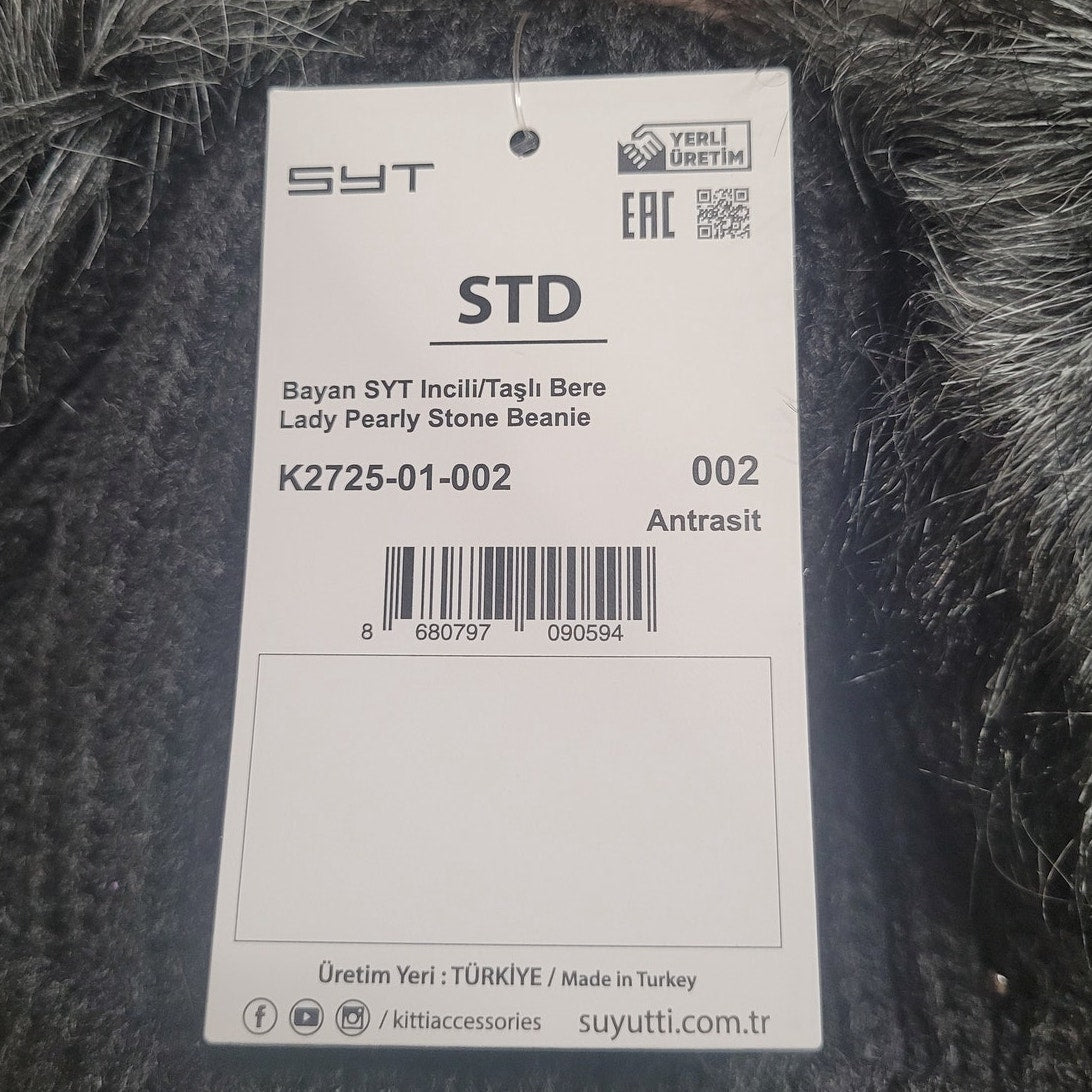 SYT LBI Express Winter Hat Cable Knit Beanie, Faux Fur Pompom Ears Anthracite
