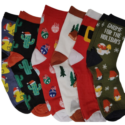 Adult Holiday Crew Socks, 6 Pairs, 6 Various Designs, One Size Fits Most Adults