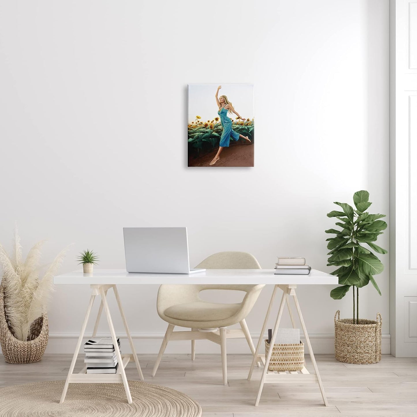 16x20 Woman in Sunflowers, Stretched Canvas, Wood Frame Wall Art Design/Ziwei Li