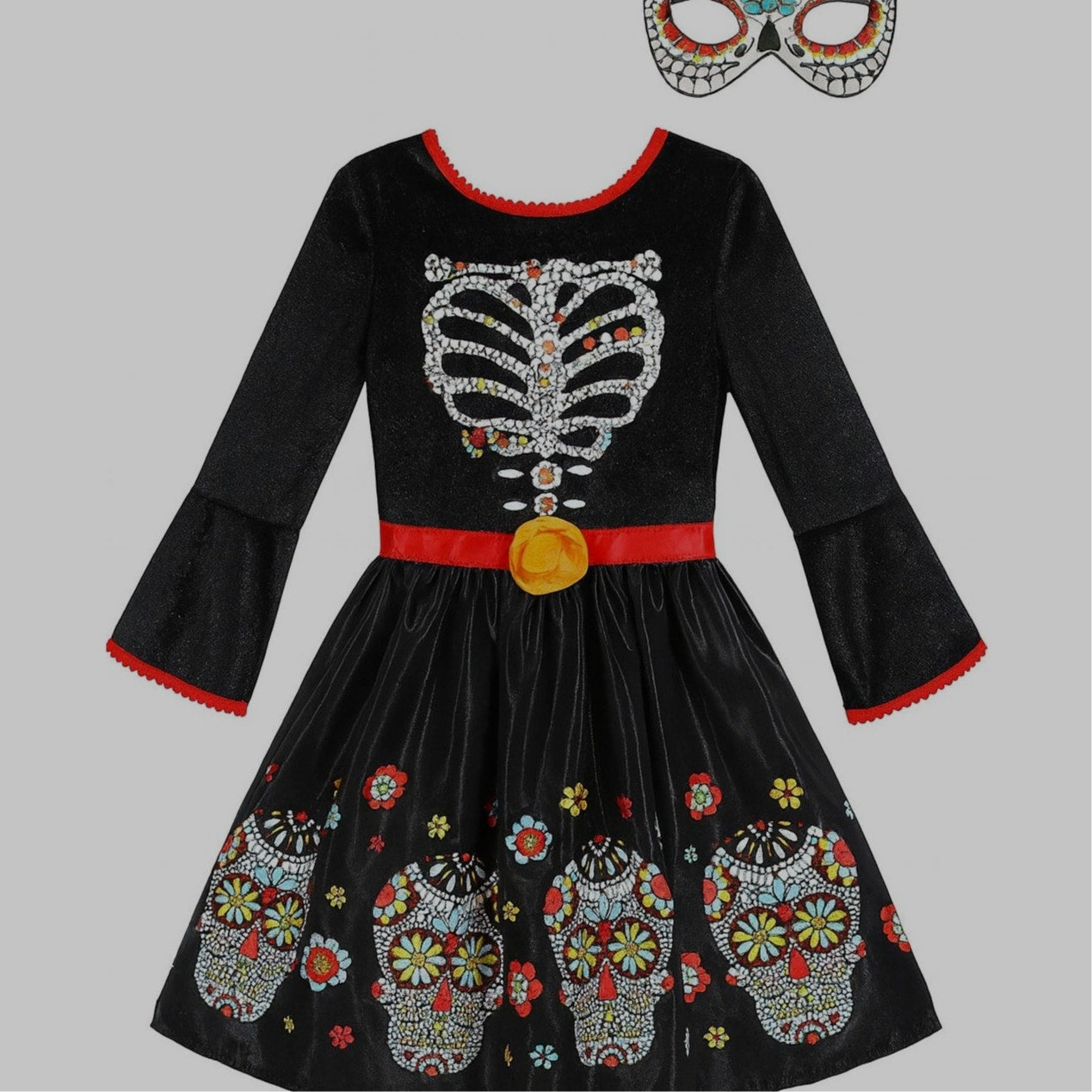 Girls Day of the Dead Skeleton Dress – Size 7‑8 – Skull Print Halloween Costume