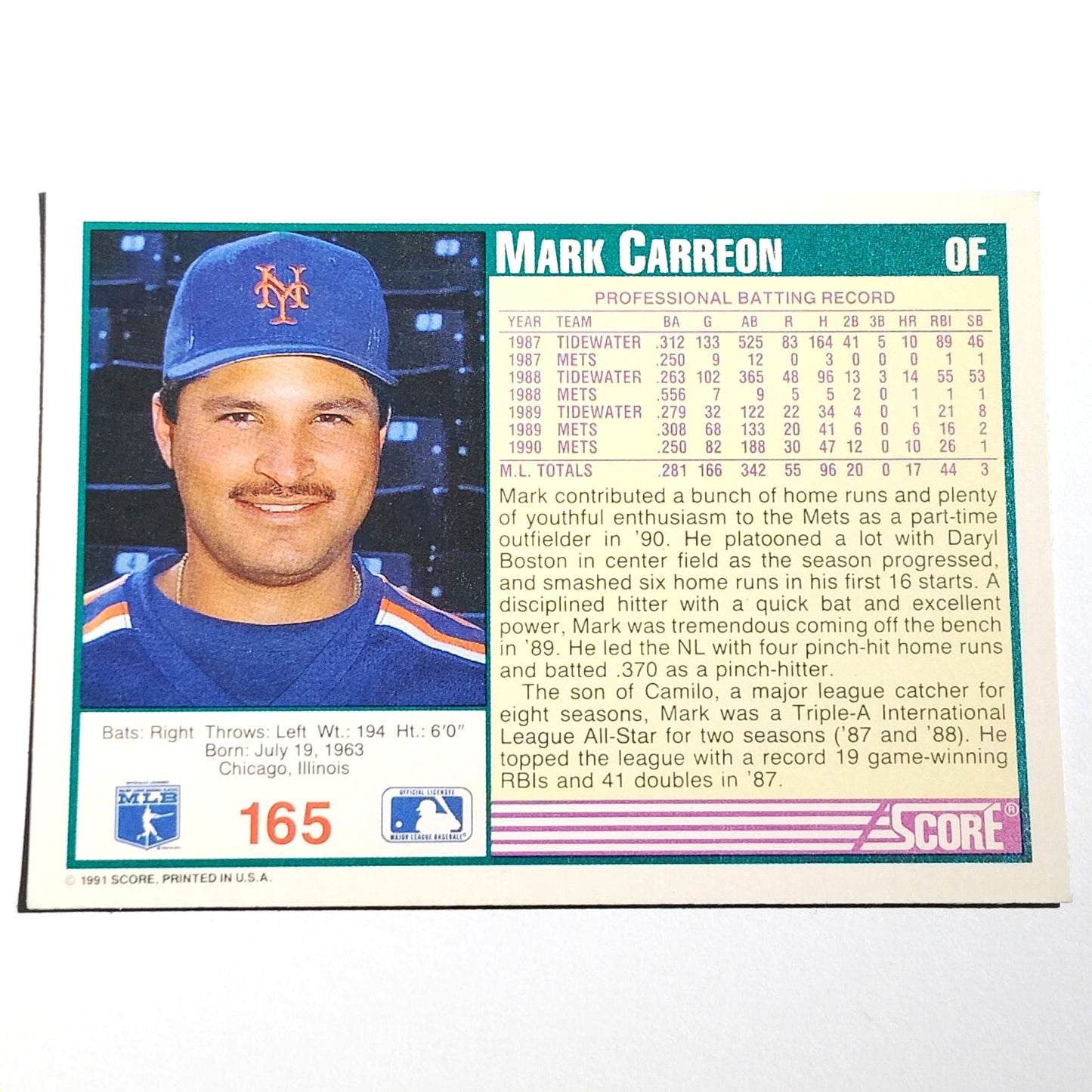 1991 Score Mark Carreon #165 New York Mets Outfielder MLB Baseball Card NM