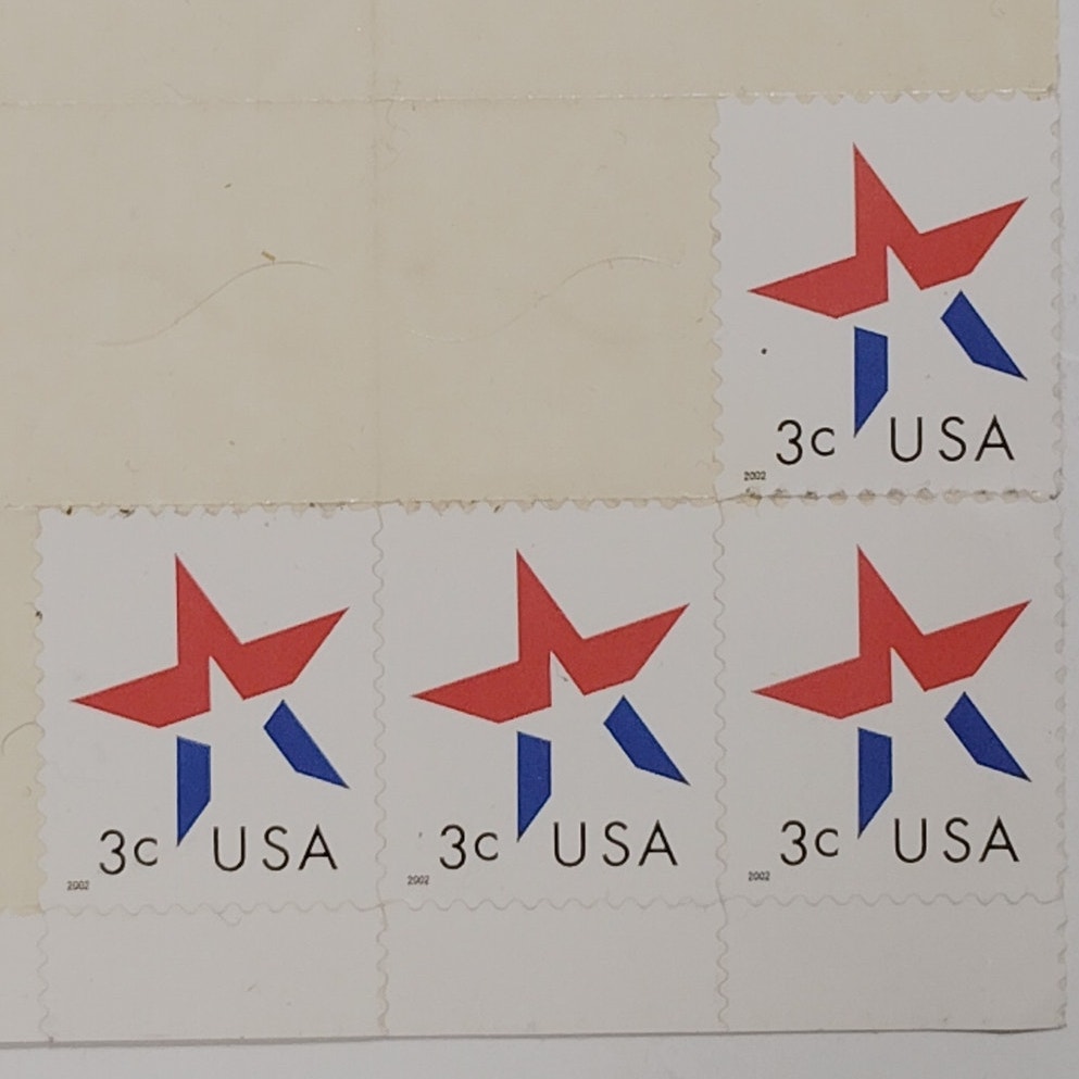 2002 Star Stamps – Partial Sheet of 4 – 3¢ Mint – Make‑Up Rate – Scott #3754