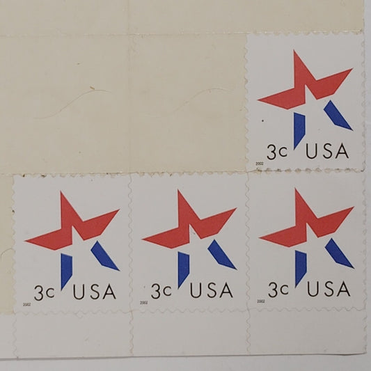 2002 Star Stamps – Partial Sheet of 4 – 3¢ Mint – Make‑Up Rate – Scott #3754
