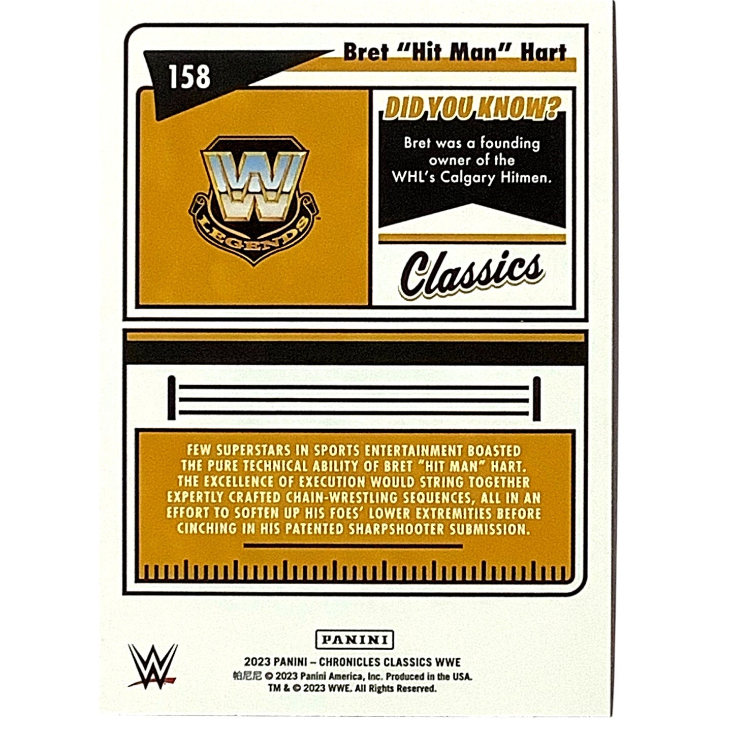 Brett "Hit Man" Hart, Bronze Parallel Card 158, 2023 Panini -Chronicles Classics