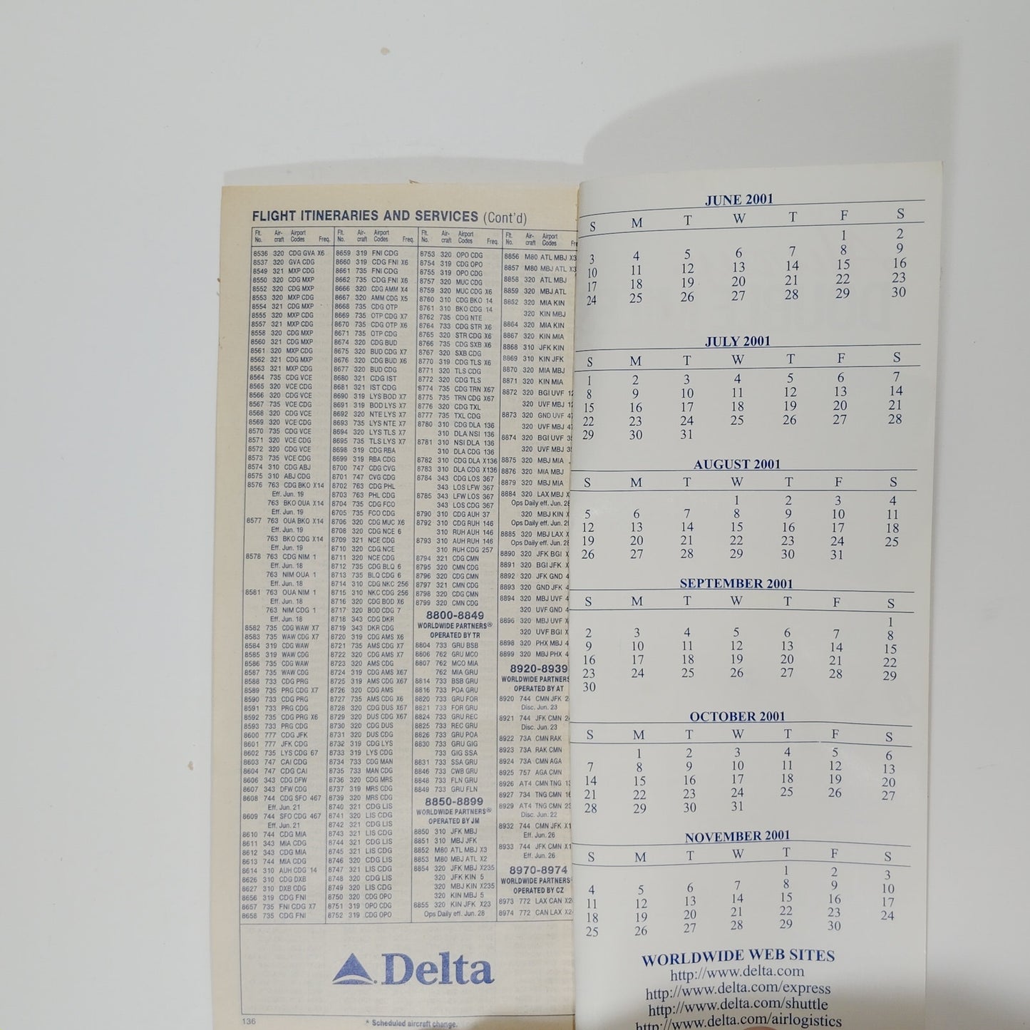Delta Air Lines Worldwide Timetable 6/1/2001 – King Tut Cover, 137 Pgs, Ephemera