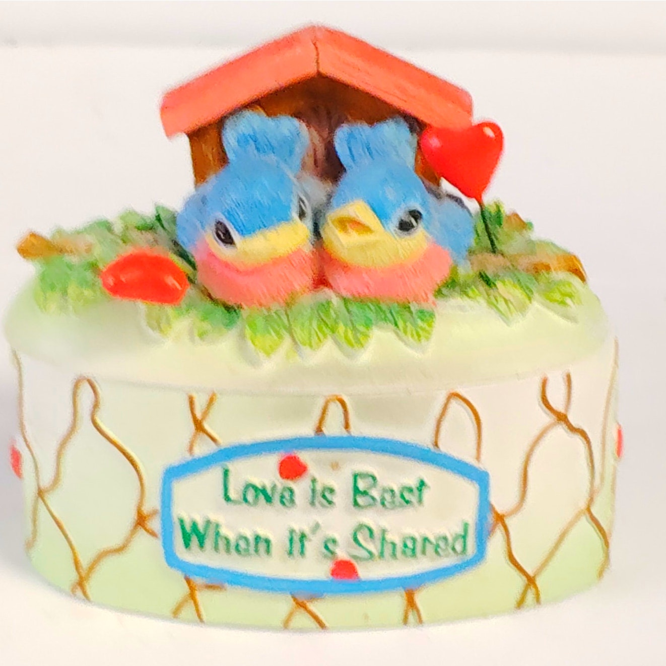 VTG Love Birds Trinket Box “Love Is Best When It’s Shared” 2‑Piece Figurine