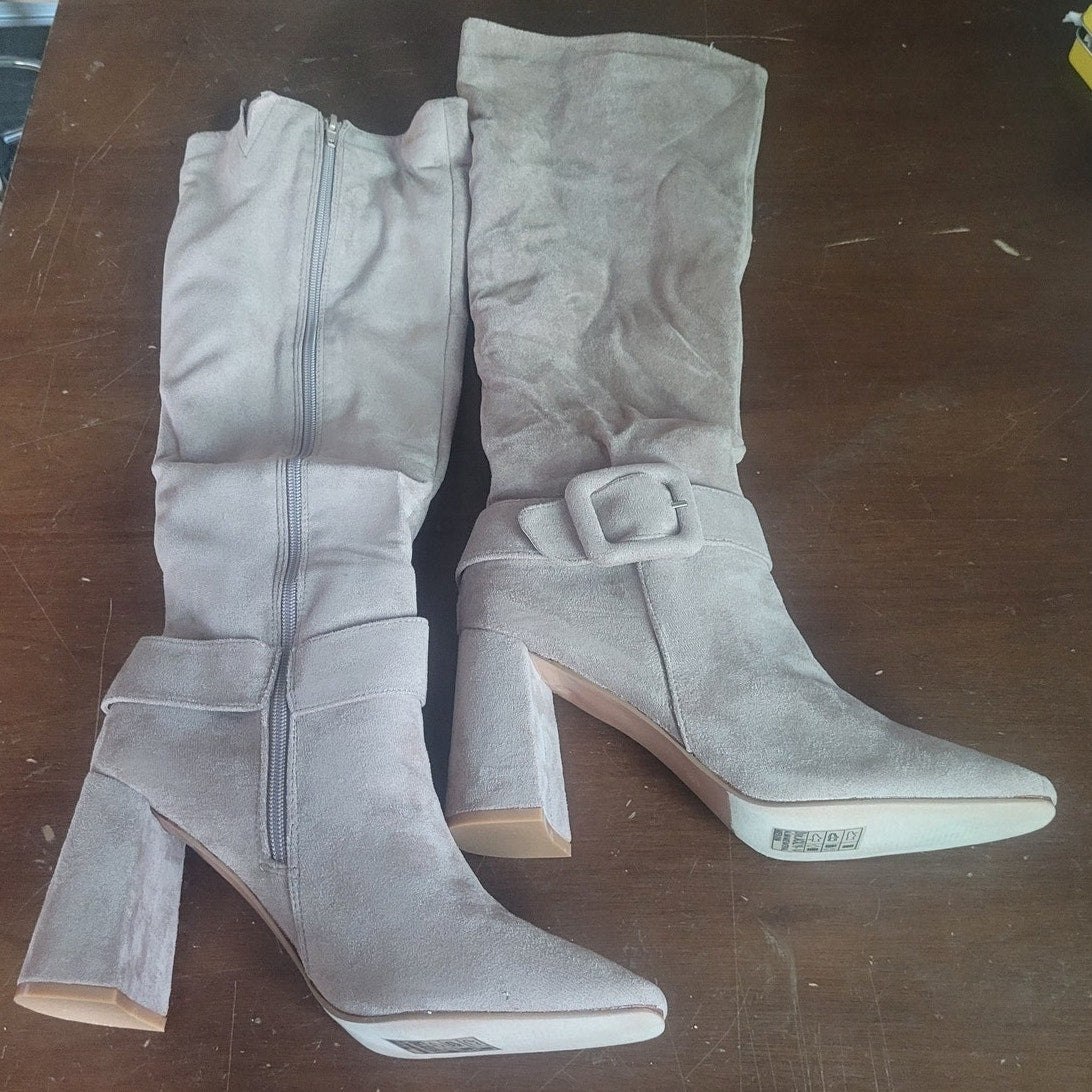 Yoki Jacklyn-14 Dress Boots – Beige, Women’s 10M, Knee-High Block Heel, Side Zip