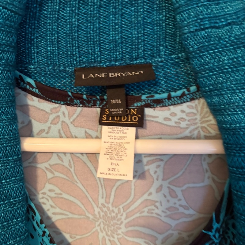 Lane Bryant Salon Studio 3-Piece Teal Floral Tank Pants Cardigan Set L/14-16